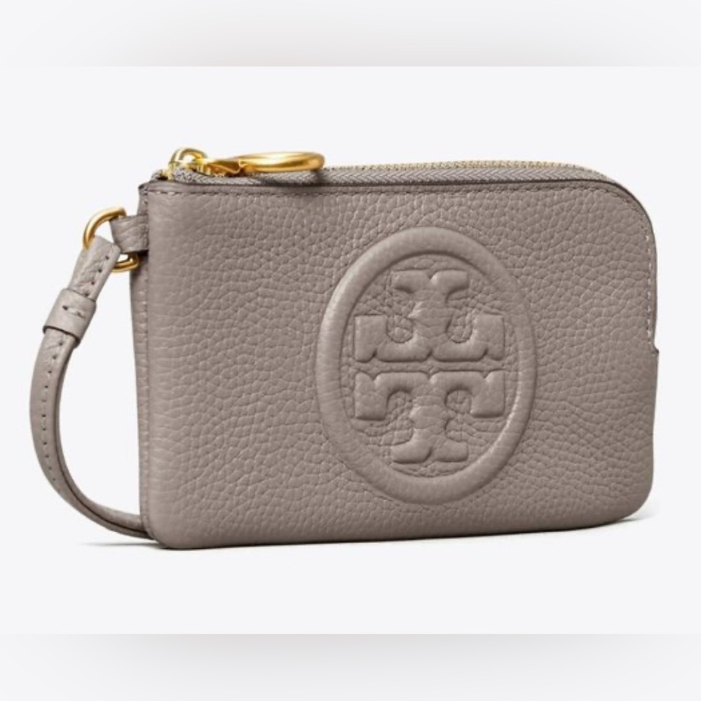 Tory Burch Gray Heron Perry Bombé Top-Zip Card Case 5.25”x 3” EUC